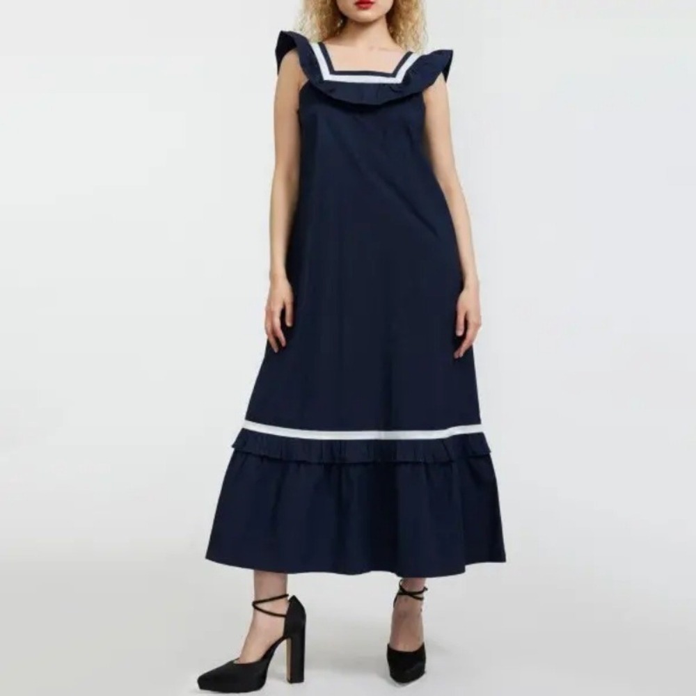 Batsheva Yeva Ruffled Tiered Velvet-Trimmed Cotton Poplin Midi Dress Size 2 NWT